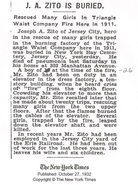 Image of Joseph Zito's obituary from the New York Times, October 27, 1932.